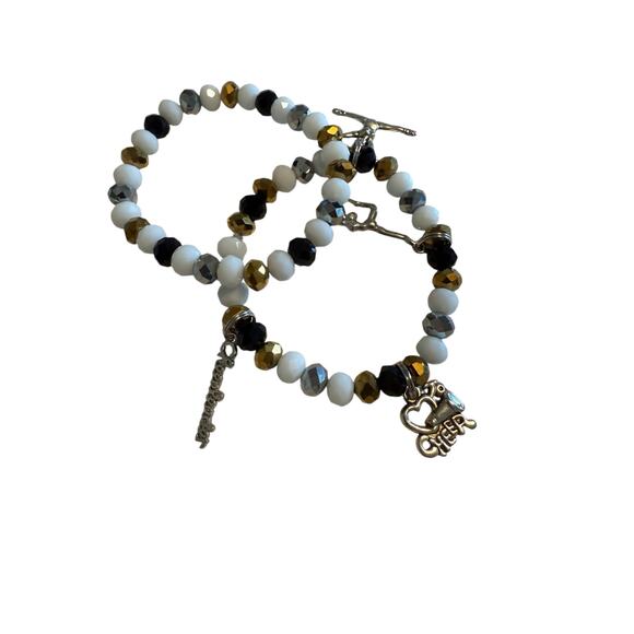Set of 2 New White Gold Black Silver Cheer Cheerleading Beaded Bracelet - Picture 3 of 3